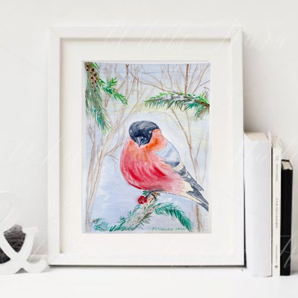handmade Other - bullfinch panting Trees in winter watercolor 12x9”